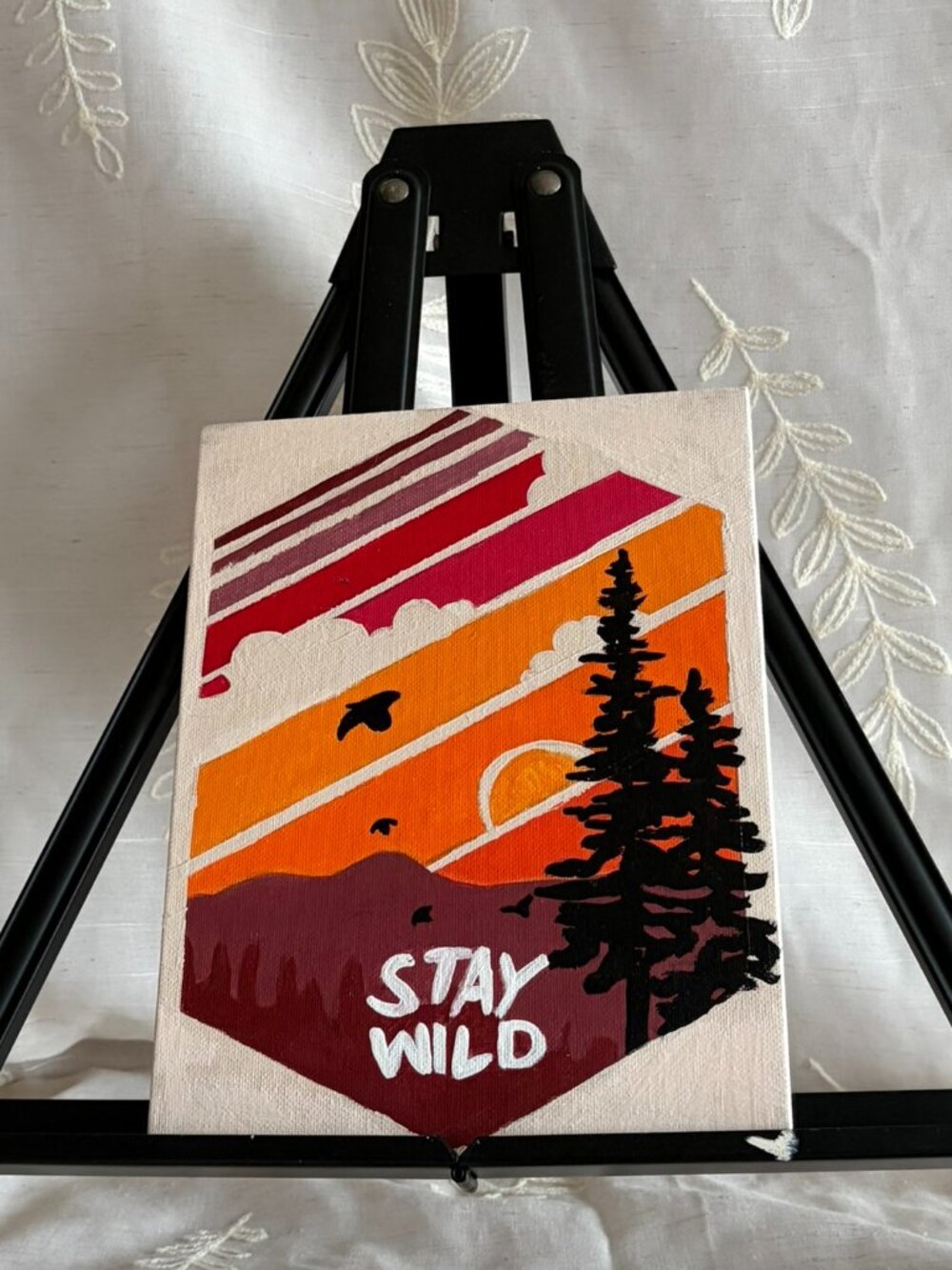 Hand Painted Stay Wild Retro Mountain Sunset Canvas 7x9